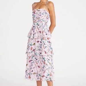 AMUR Pink and Purple Acadia Tie Spaghetti Strap Ruffle Dress